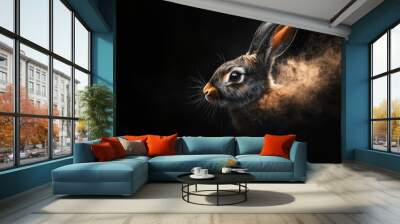  A tight shot of a rabbit's expressive face against a black backdrop, surrounded by drifting smoke emanating from its ears Wall mural