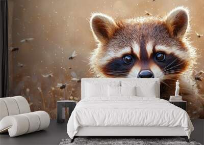  A tight shot of a raccoon amidst a sea of grass, teeming with bees in the backdrop Wall mural