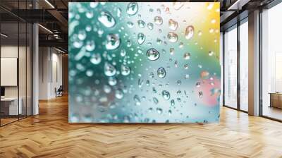  A tight shot of a rain-splattered window, with water droplets forming beads on its glass surface The scene beyond is of a vaguely discernible building, its Wall mural