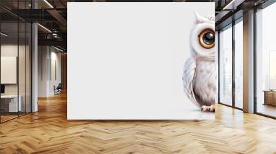  A tight shot of an owl against a pristine white backdrop, its visage mirrored in the camera lens Wall mural