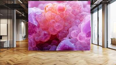  A tight shot of multiple water droplets against a pink and purple backdrop, with droplets also visible at the image's base Wall mural