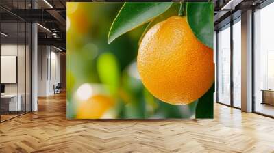  A tight shot of two oranges hanging from a tree, surrounded by green leaves that filter sunlight Wall mural