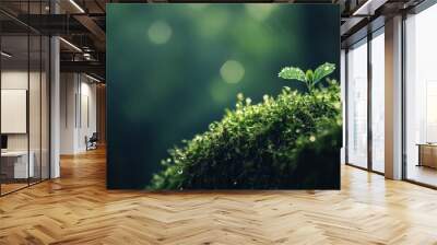  A tiny green plant atop a moss-covered hill, dotted with dewdrops Wall mural