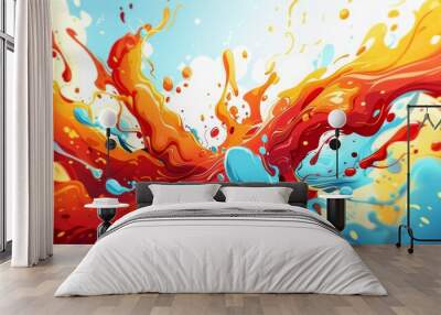  A vibrant abstract backdrop featuring splashes and droplets of paint against a blue sky, with overlays of yellow, red, orange, and white hues Wall mural