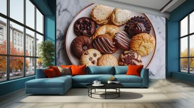  A white plate, topped with various cookies Cookies also rest atop a marble countertop Nearby, a white and brown plate holds a chocolate-drizzled treat Wall mural