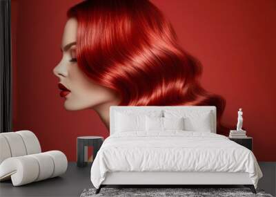   A woman with long red hair and red lipstick gazes to the side, resting her right hand on her shoulder Wall mural