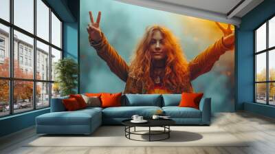   A woman with long red hair dons a leather jacket and raises two fingers of each hand Wall mural