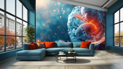  An abstract image of a human heart in blue and orange hues, emitting a beam of light Wall mural