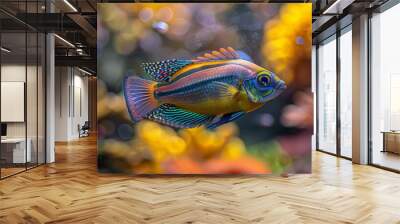  Blue and yellow fish in fish tank with yellow, orange flowers Wall mural