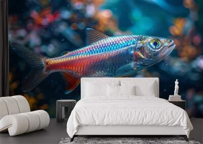  Close-up of a fish in aquarium, with green foliage and blossoms in fg, azure sky in bg Wall mural