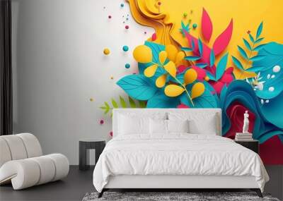  Colorful paper flowers arranged on a yellow and pink background, accompanied by bubbles and sprinkles to the left A simple white background with a yellow border completes the scene Wall mural