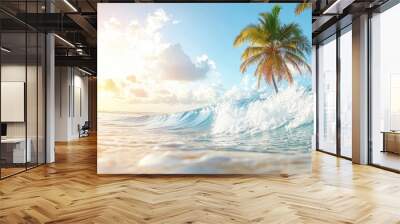  The sun illuminates clouds above the ocean; palm trees and a near wave border the scene Wall mural