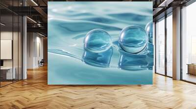   Three blue balls float atop a body of water, each with a single drop in front Wall mural