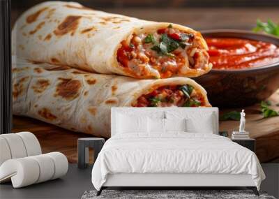  Two burritos atop a wooden cutting board, accompanied by a small bowl of salsa Wall mural