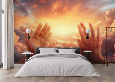  Two hands elevated toward the sky, encompassing the sun amidst cloudy midsection of image Wall mural