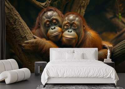   Two orangutans sitting on a tree branch, hands touching, gazing at the camera Wall mural