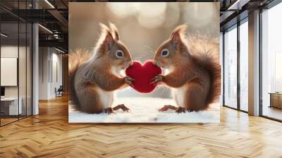  Two red squirrels hold a scarlet heart amidst a snow-covered ground Trees line the background Wall mural