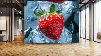  Two strawberries atop ice on a black surface, dripping with water Wall mural