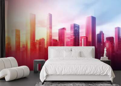 Cityscape with foreground skyscrapers and background sunset Wall mural