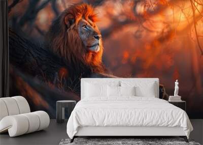 Lion in tree with baby monkey Wall mural