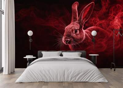 Rabbit's head with red smoke in foreground, black background Wall mural