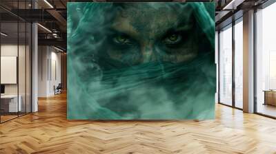 veil covering her head, emerald green locks framing it, encircled by drifting smoke, penetrating gaze Wall mural