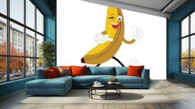 Banana mascot cartoon character, fruit cartoon character emoticon Cartoon happy banana mascot character waving hand. Mood booster fruit illustration of walking banana Wall mural