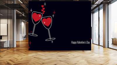 Two tall glasses with red wine in shape of hearts in love on dark blue background. Vector illustration with place for text for holiday Valentines Day, birthday invitation for wedding. Wall mural