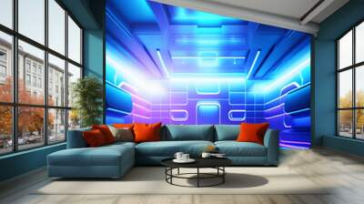 Interior blue futuristic background, sci-fi interior concept. Empty interior with neon lights 3D illustration. 3D rendering Abstract blue room.  Wall mural