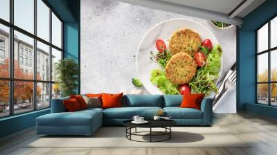 Vegan lunch plate. broccoli and quinoa burgers served with salad. Plant based diet concept. flat lay. copy space Wall mural