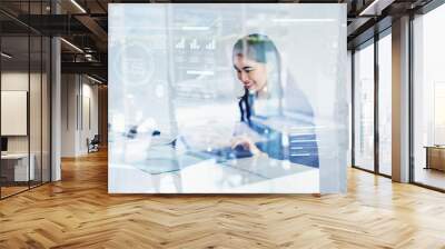 Asian woman using futuristic interface of a dashboard Wall mural