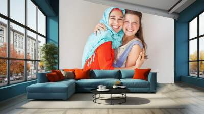 friendship of the religions concept: muslim and christian girl t Wall mural