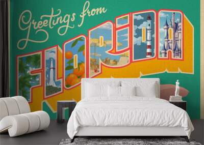 Vintage post card with hand drawn elements	- Florida Wall mural