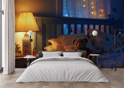 A bedroom with a bed, a toy bear, and a lamp Wall mural