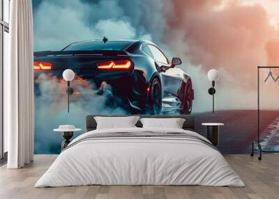 A black car is driving down a road with smoke coming out of its tailpipe Wall mural