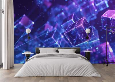 A blue and purple image of cubes with a lot of lines connecting them Wall mural