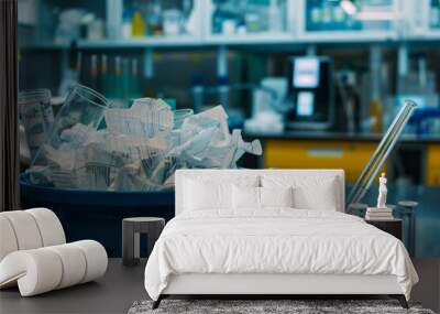 A blue bucket full of paper waste sits on a counter in a lab Wall mural