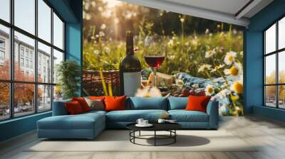 A bottle of wine and a glass of wine are on a blanket in a field of flowers Wall mural