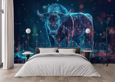 A bull is standing in front of a city skyline Wall mural