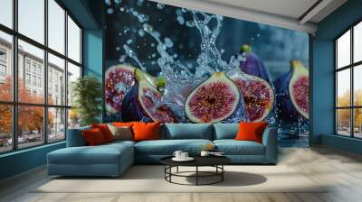 A bunch of purple figs are splashing in water Wall mural