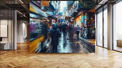 A busy city street with a bus and graffiti on the walls Wall mural