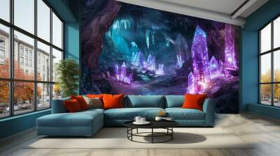 A cave filled with purple crystals and a blue river Wall mural