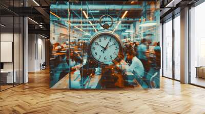 A clock is in the middle of a busy office with people working Wall mural