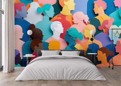 A colorful collage of people's faces, each with a different skin tone Wall mural