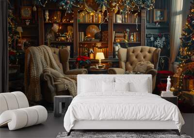 A cozy living room with two brown chairs, a table, and a fireplace Wall mural