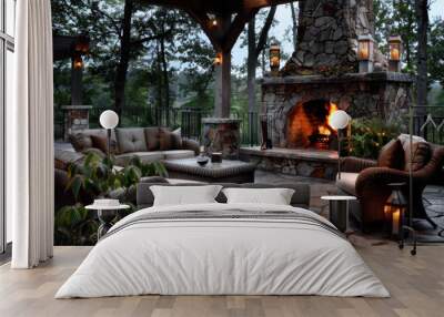 A cozy outdoor living space with a fireplace and a few couches Wall mural