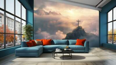 A cross is on top of a mountain in the clouds Wall mural