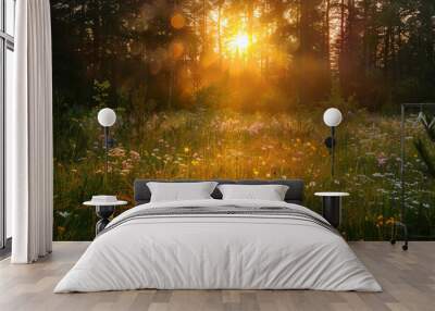 A field of flowers with a bright sun shining through the trees Wall mural