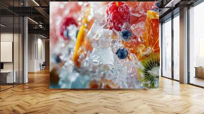 A fruit salad with ice and raspberries Wall mural