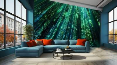 A green image of a computer screen with a lot of numbers and lines Wall mural